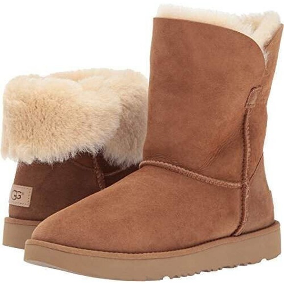 UGG Shoes - UGG Classic Cuff Short Boot Chestnut Brown Tan Sheepskin Suede Women's Size 7